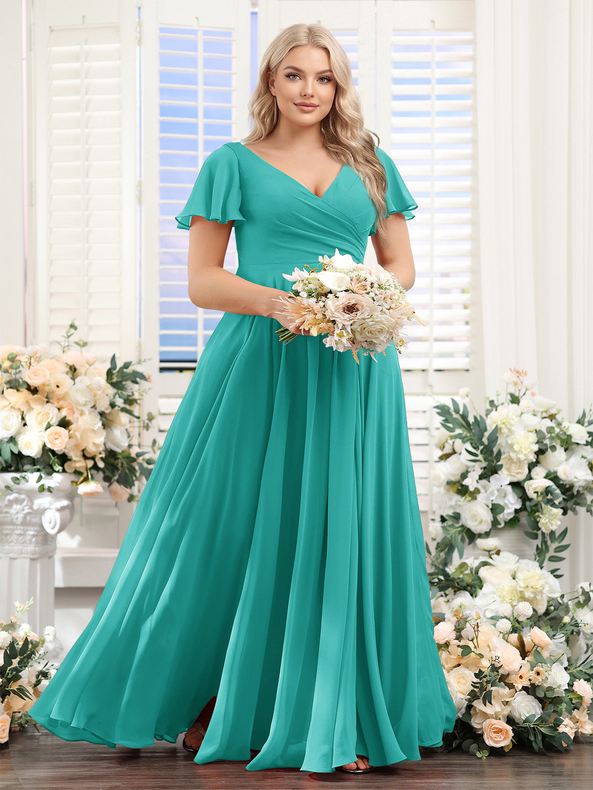 A-Line V-Neck Short Sleeves Split Side Ruched Chiffon Plus Size Bridesmaid Dresses