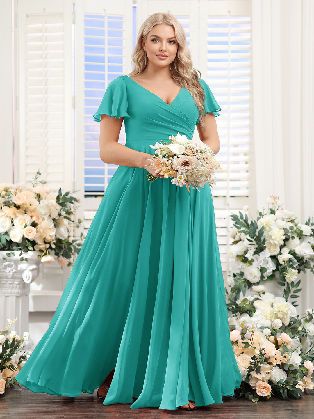 A-Line V-Neck Short Sleeves Split Side Ruched Chiffon Plus Size Bridesmaid Dresses
