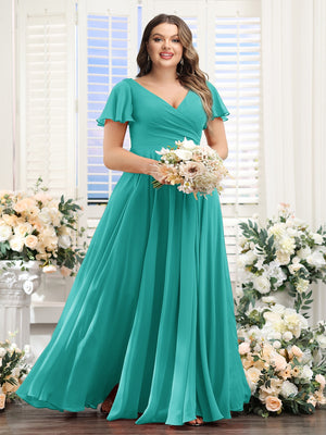 A-Line V-Neck Short Sleeves Split Side Ruched Chiffon Plus Size Bridesmaid Dresses