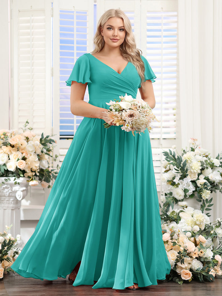 A-Line V-Neck Short Sleeves Split Side Ruched Chiffon Plus Size Bridesmaid Dresses