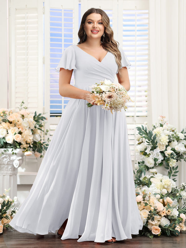 A-Line V-Neck Short Sleeves Split Side Ruched Chiffon Plus Size Bridesmaid Dresses