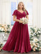 A-Line V-Neck Short Sleeves Split Side Ruched Chiffon Plus Size Bridesmaid Dresses