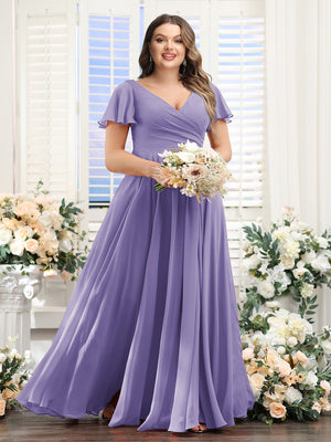 A-Line V-Neck Short Sleeves Split Side Ruched Chiffon Plus Size Bridesmaid Dresses