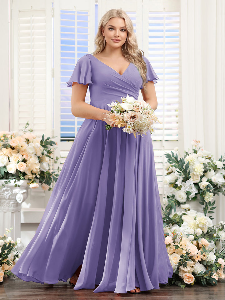 A-Line V-Neck Short Sleeves Split Side Ruched Chiffon Plus Size Bridesmaid Dresses