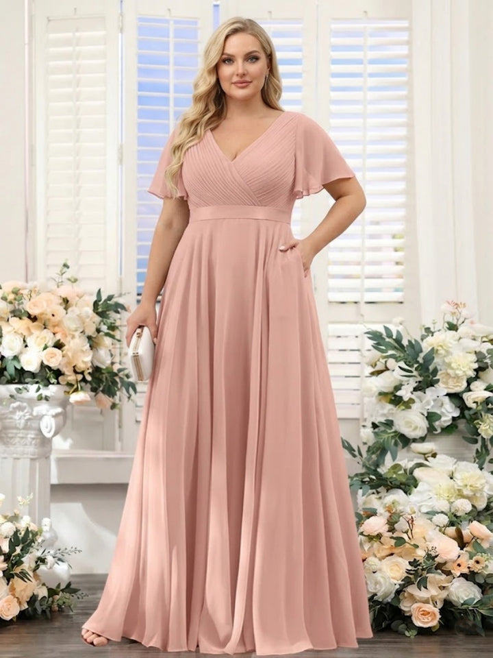 A-Line V-Neck Short Sleeves Chiffon Plus Size Bridesmaid Dresses with Pockets