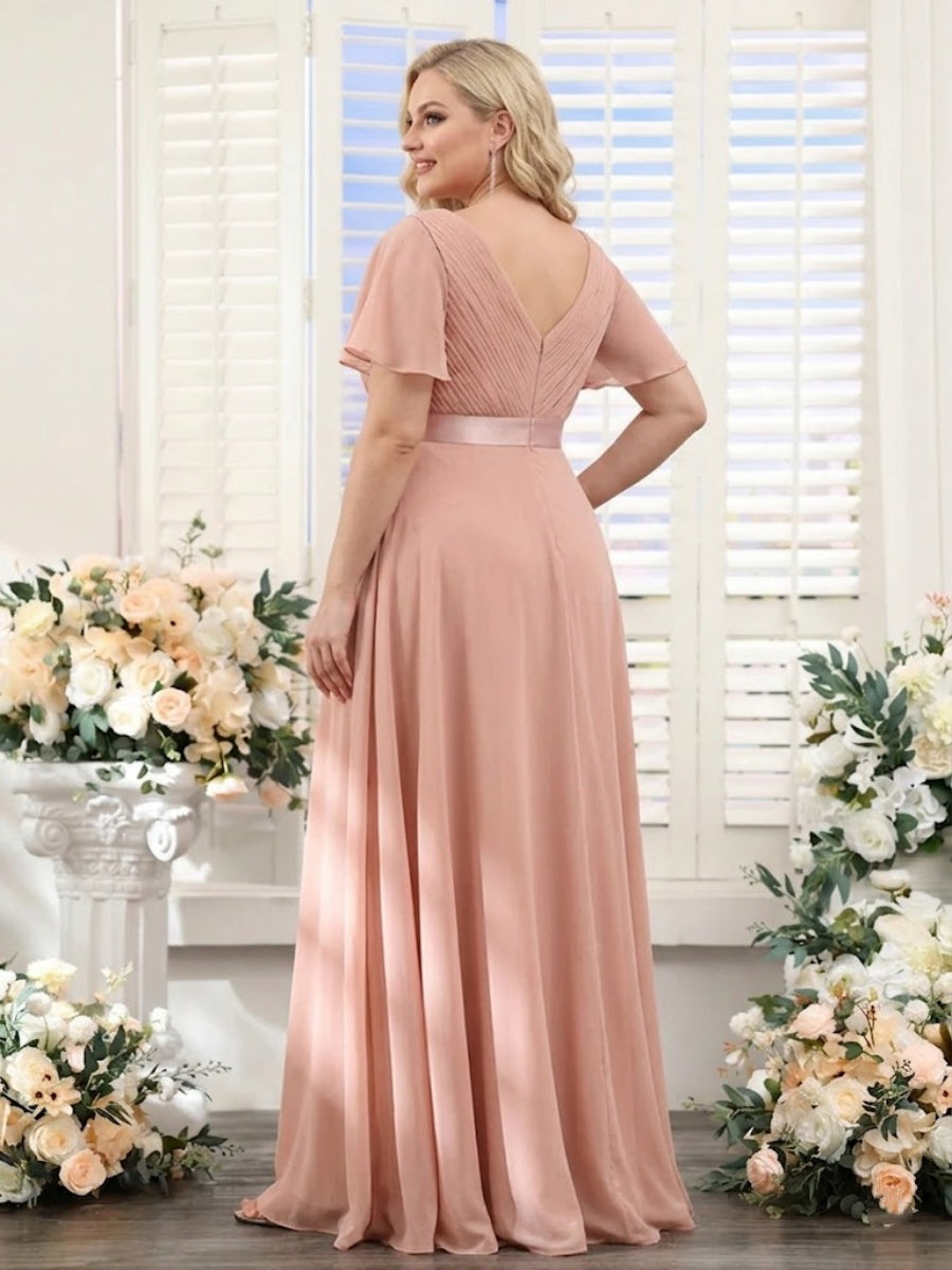 A-Line V-Neck Short Sleeves Chiffon Plus Size Bridesmaid Dresses with Pockets