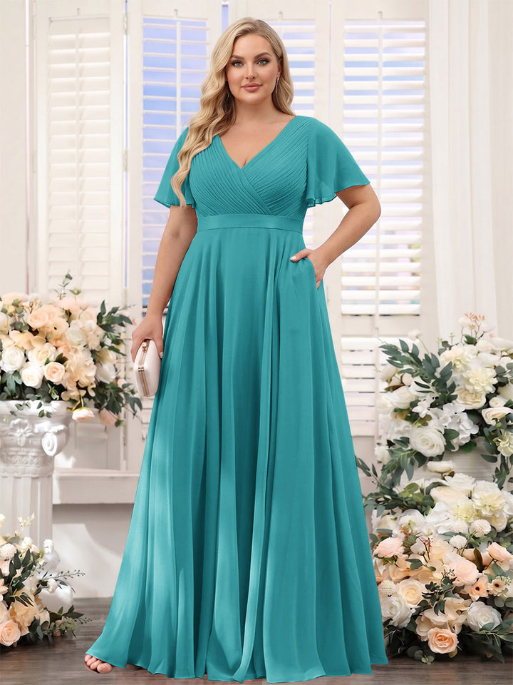 A-Line V-Neck Short Sleeves Chiffon Plus Size Bridesmaid Dresses with Pockets