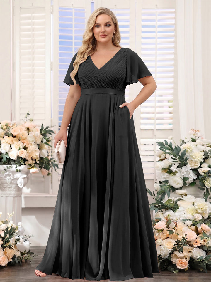 A-Line V-Neck Short Sleeves Chiffon Plus Size Bridesmaid Dresses with Pockets
