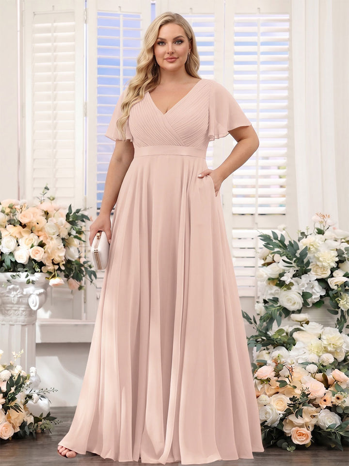 A-Line V-Neck Short Sleeves Chiffon Plus Size Bridesmaid Dresses with Pockets