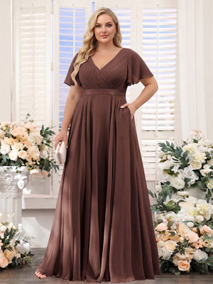 A-Line V-Neck Short Sleeves Chiffon Plus Size Bridesmaid Dresses with Pockets