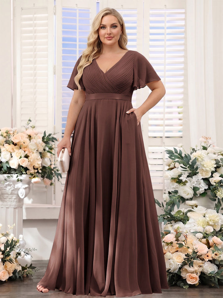A-Line V-Neck Short Sleeves Chiffon Plus Size Bridesmaid Dresses with Pockets