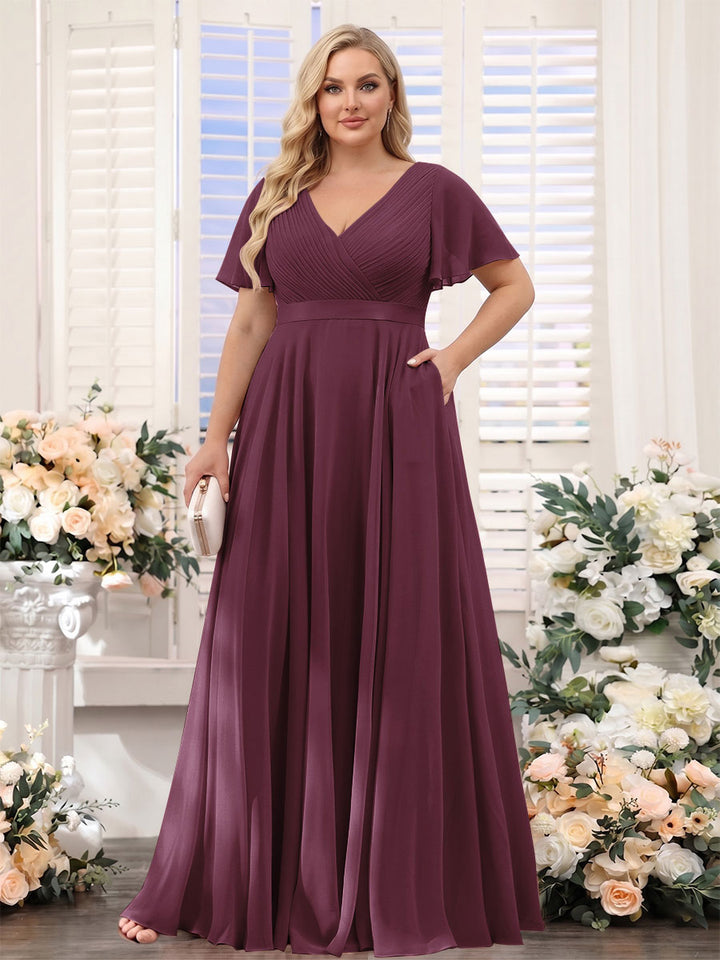 A-Line V-Neck Short Sleeves Chiffon Plus Size Bridesmaid Dresses with Pockets