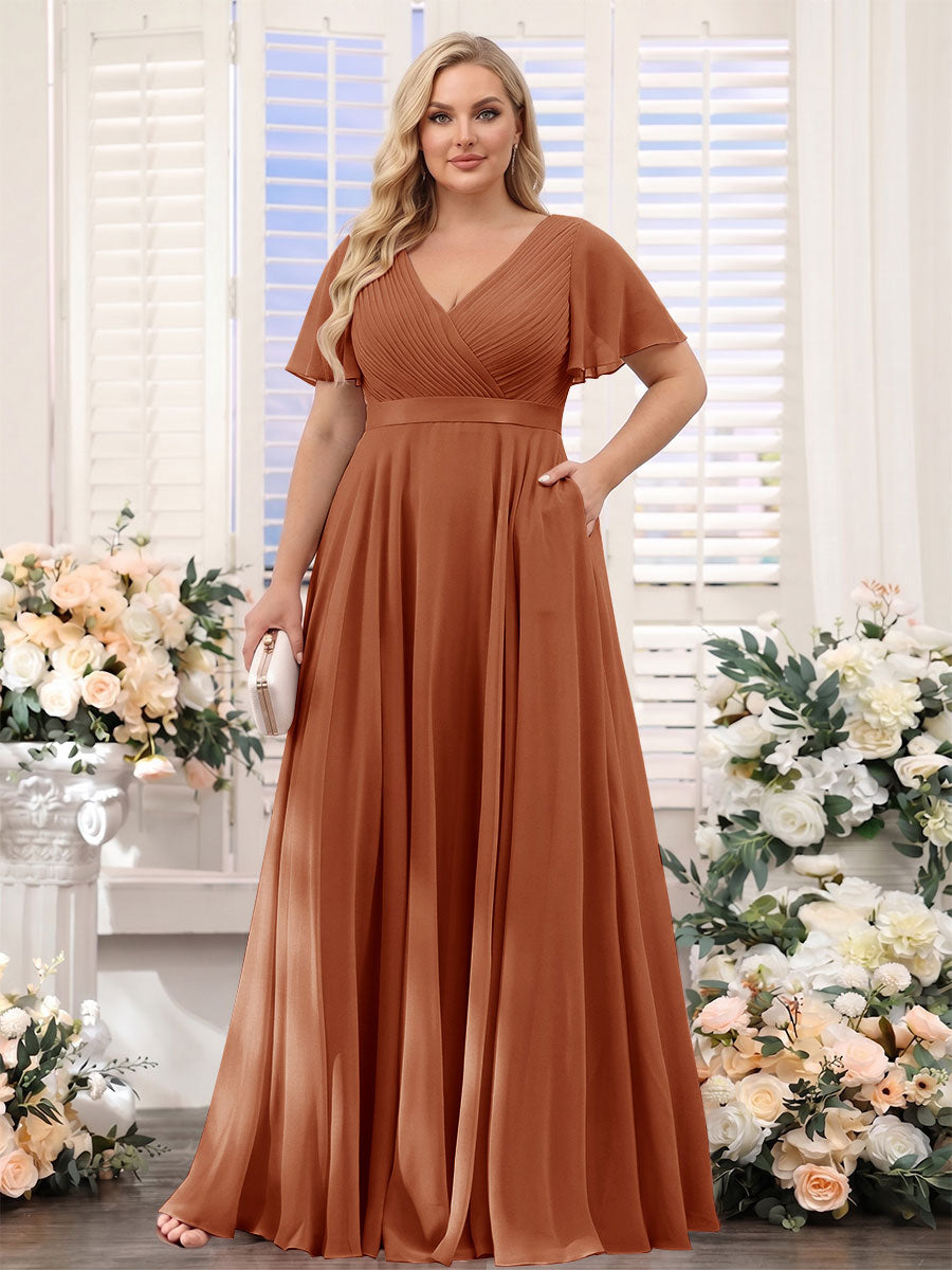 A-Line V-Neck Short Sleeves Chiffon Plus Size Bridesmaid Dresses with Pockets