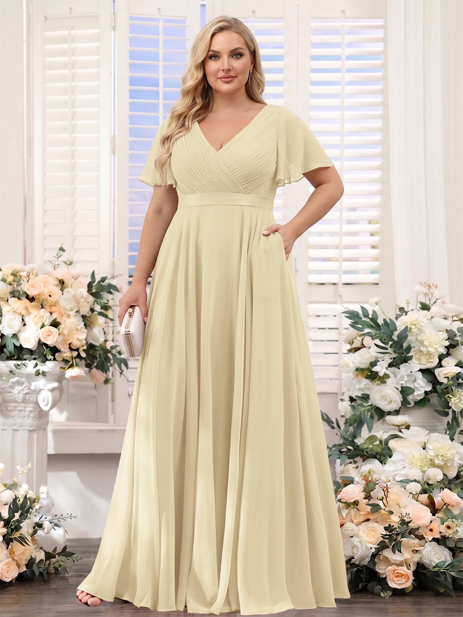 A-Line V-Neck Short Sleeves Chiffon Plus Size Bridesmaid Dresses with Pockets