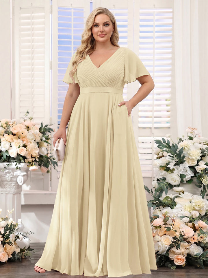 A-Line V-Neck Short Sleeves Chiffon Plus Size Bridesmaid Dresses with Pockets