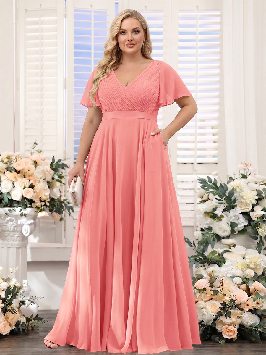 A-Line V-Neck Short Sleeves Chiffon Plus Size Bridesmaid Dresses with Pockets