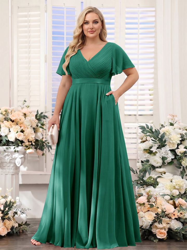 A-Line V-Neck Short Sleeves Chiffon Plus Size Bridesmaid Dresses with Pockets