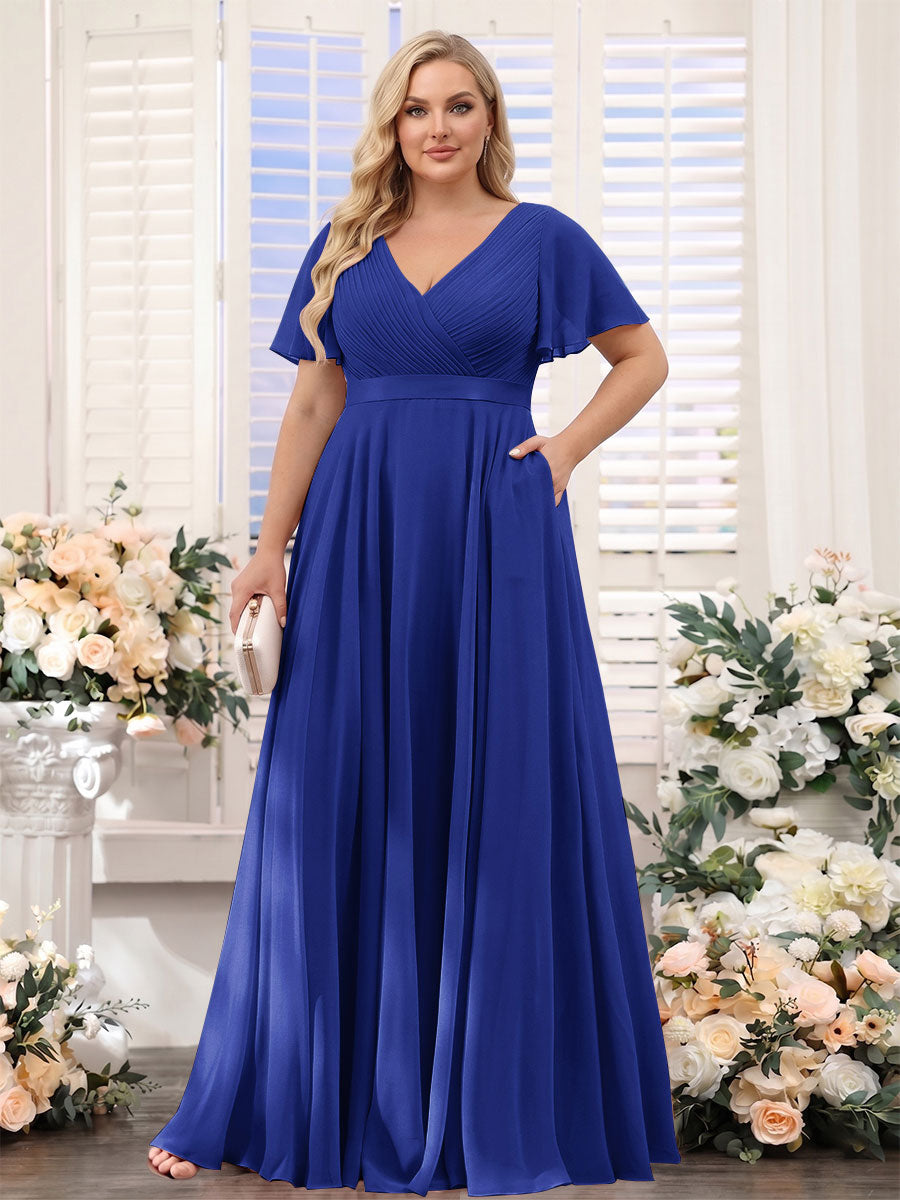 A-Line V-Neck Short Sleeves Chiffon Plus Size Bridesmaid Dresses with Pockets