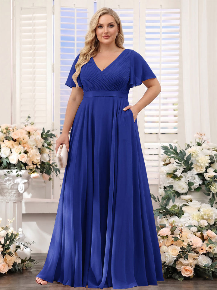 A-Line V-Neck Short Sleeves Chiffon Plus Size Bridesmaid Dresses with Pockets