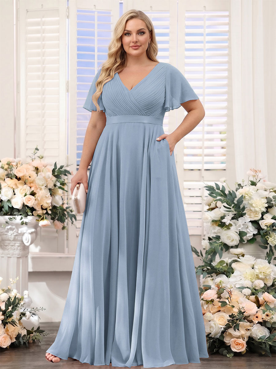 A-Line V-Neck Short Sleeves Chiffon Plus Size Bridesmaid Dresses with Pockets
