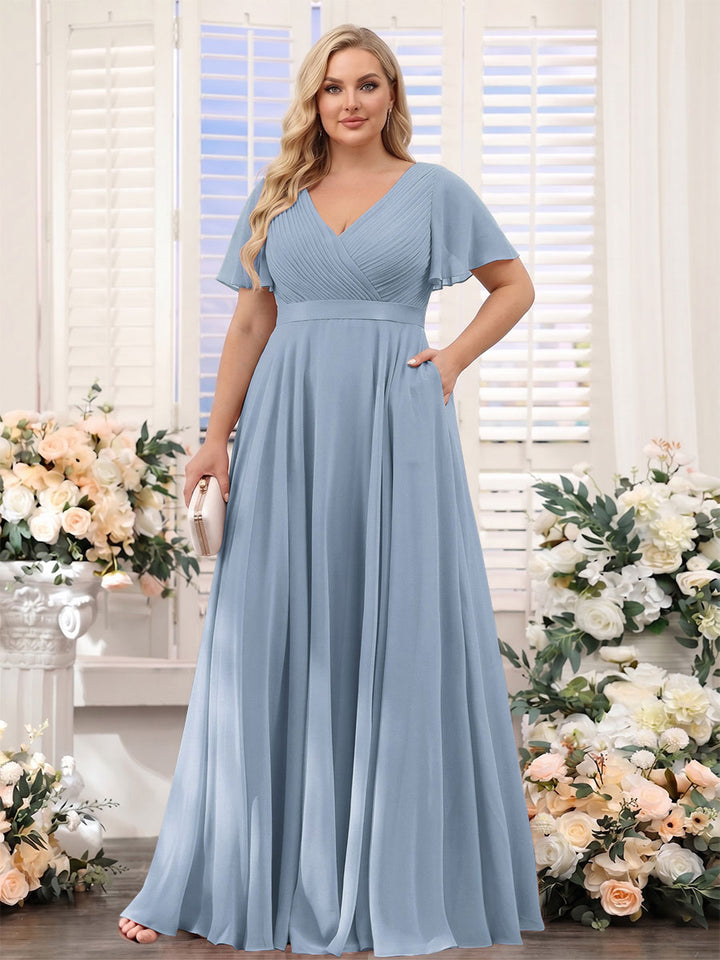 A-Line V-Neck Short Sleeves Chiffon Plus Size Bridesmaid Dresses with Pockets