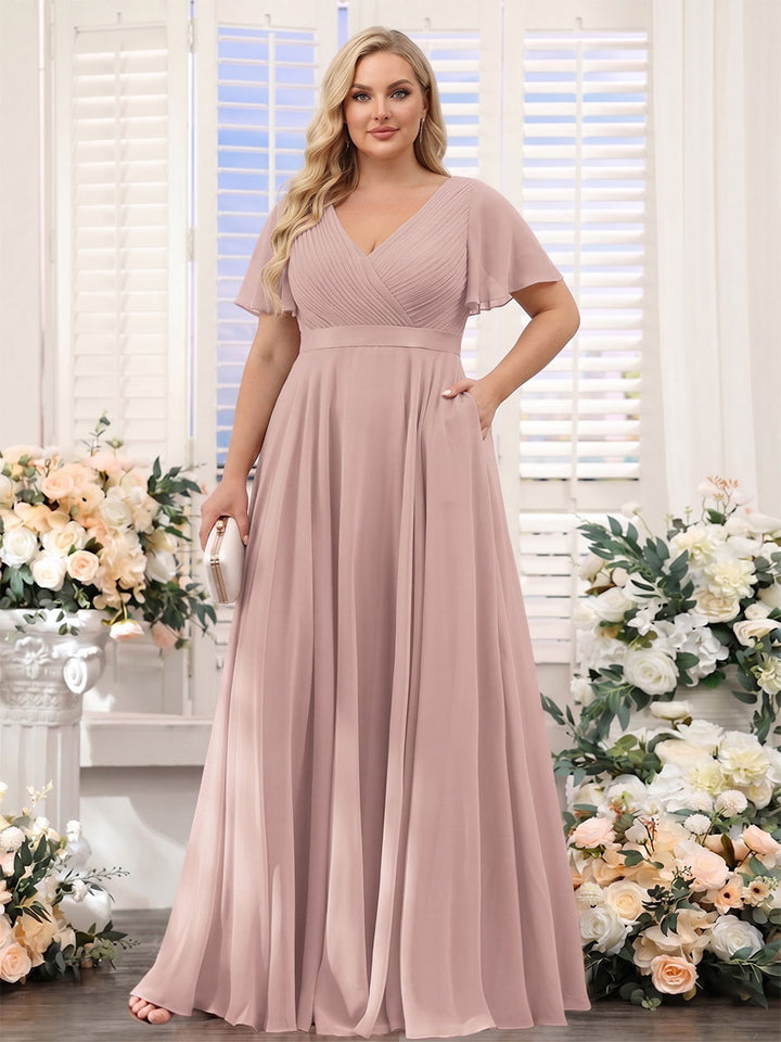 A-Line V-Neck Short Sleeves Chiffon Plus Size Bridesmaid Dresses with Pockets