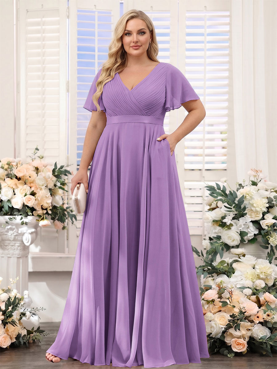 A-Line V-Neck Short Sleeves Chiffon Plus Size Bridesmaid Dresses with Pockets