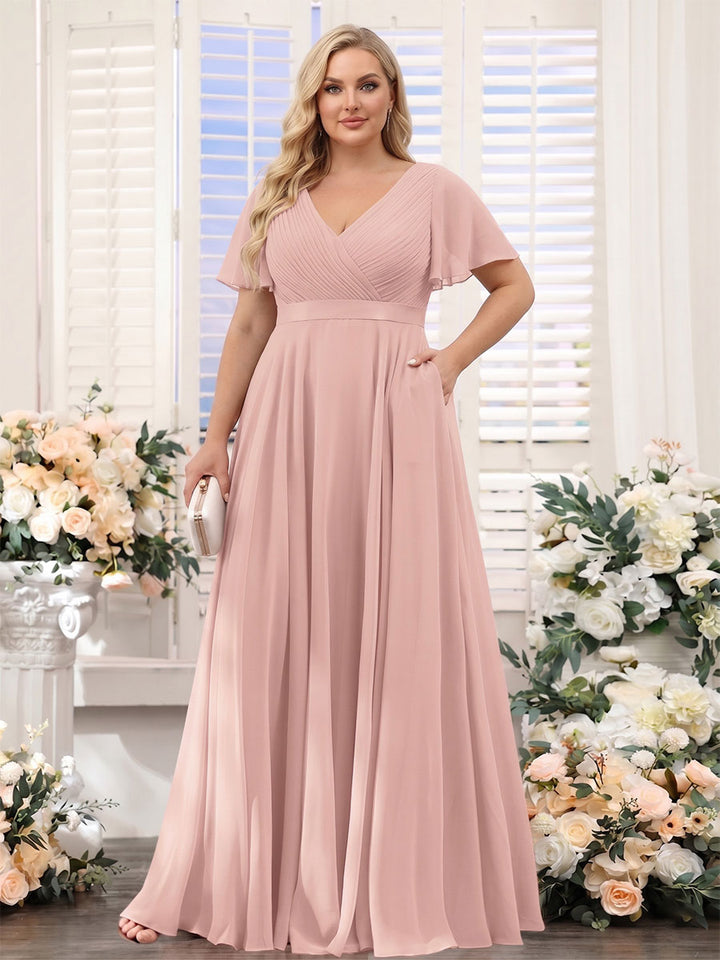 A-Line V-Neck Short Sleeves Chiffon Plus Size Bridesmaid Dresses with Pockets