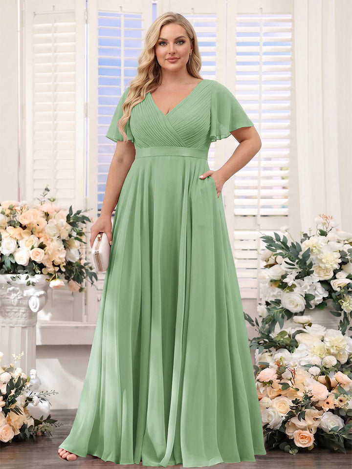 A-Line V-Neck Short Sleeves Chiffon Plus Size Bridesmaid Dresses with Pockets