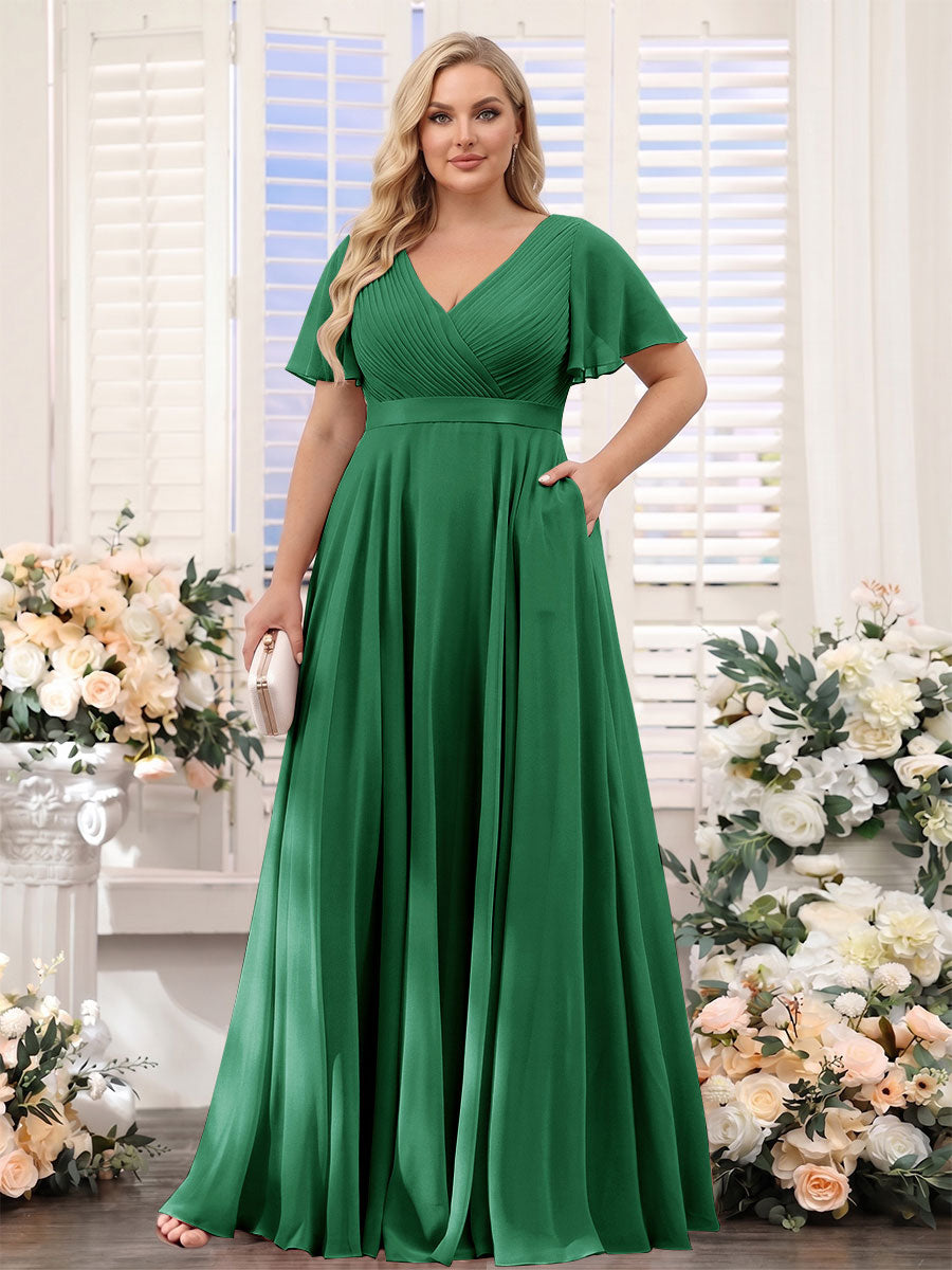 A-Line V-Neck Short Sleeves Chiffon Plus Size Bridesmaid Dresses with Pockets