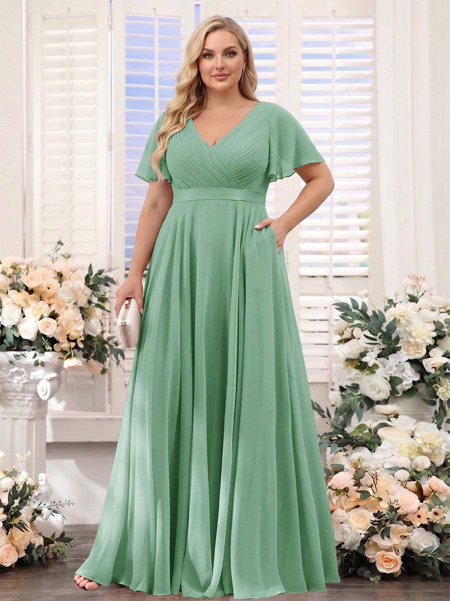A-Line V-Neck Short Sleeves Chiffon Plus Size Bridesmaid Dresses with Pockets