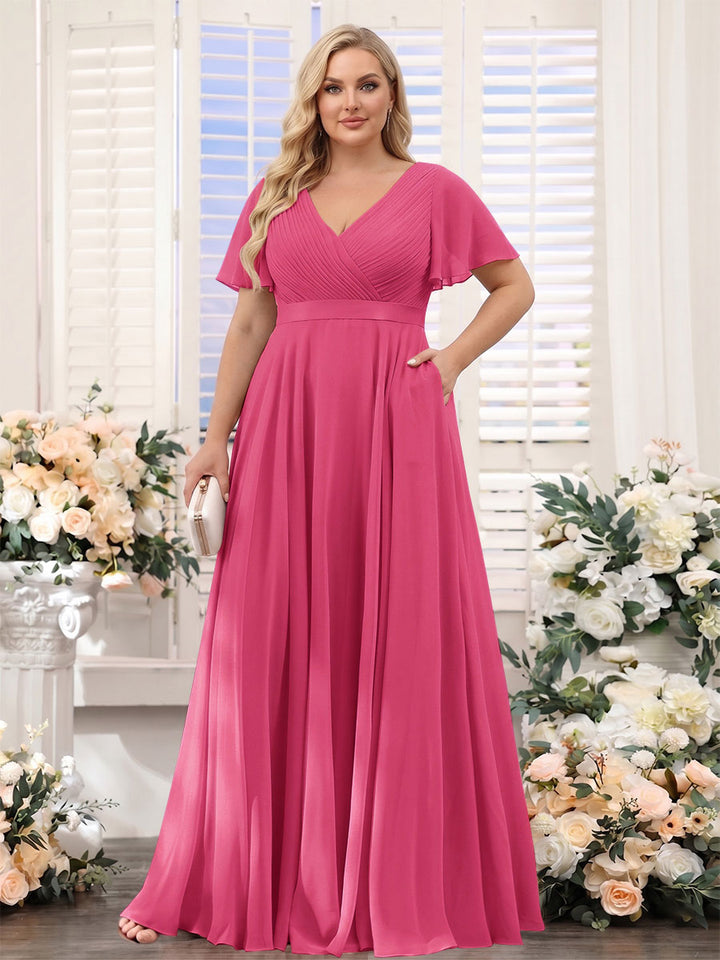 A-Line V-Neck Short Sleeves Chiffon Plus Size Bridesmaid Dresses with Pockets