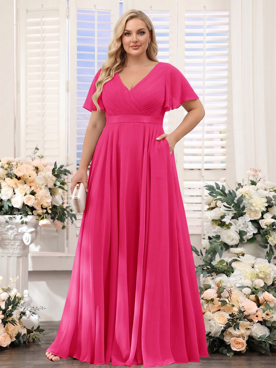 A-Line V-Neck Short Sleeves Chiffon Plus Size Bridesmaid Dresses with Pockets