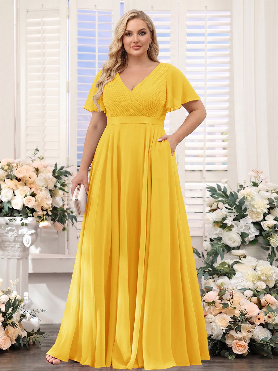 A-Line V-Neck Short Sleeves Chiffon Plus Size Bridesmaid Dresses with Pockets