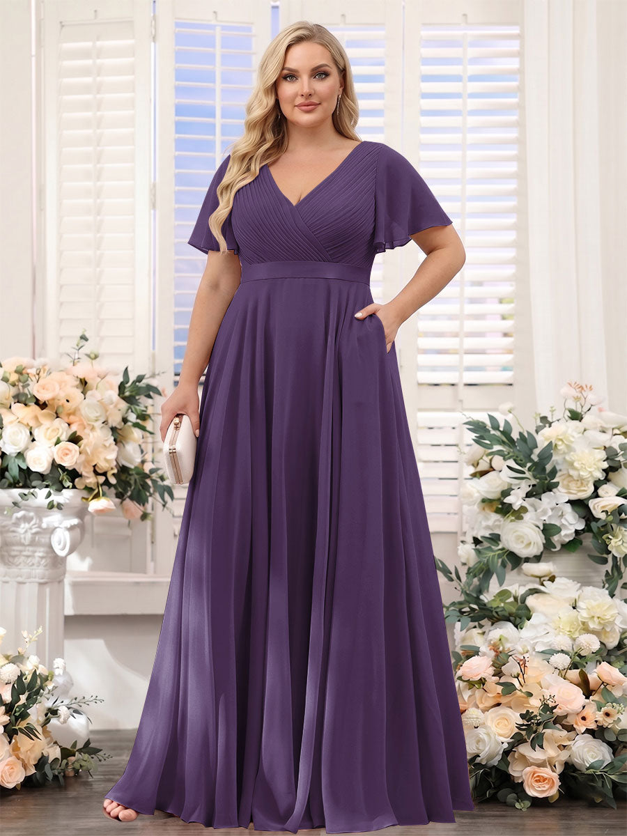 A-Line V-Neck Short Sleeves Chiffon Plus Size Bridesmaid Dresses with Pockets