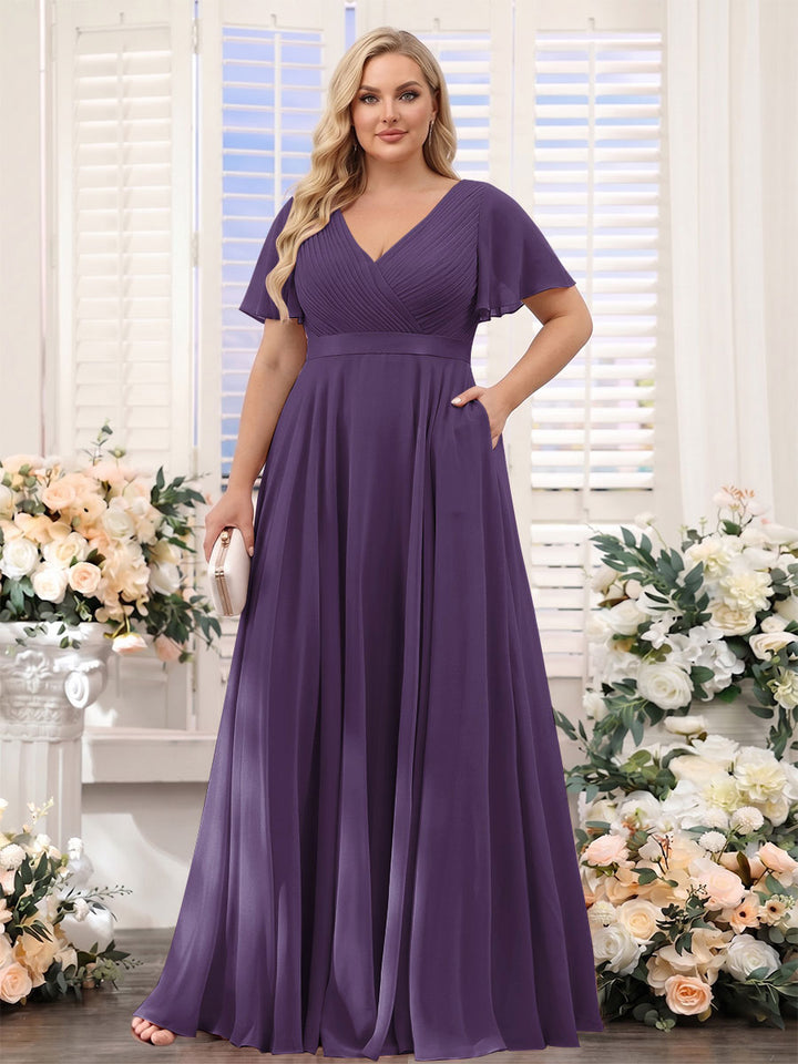 A-Line V-Neck Short Sleeves Chiffon Plus Size Bridesmaid Dresses with Pockets