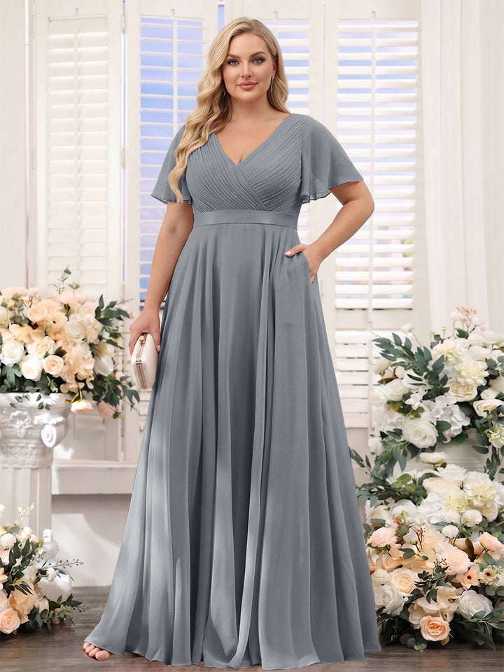 A-Line V-Neck Short Sleeves Chiffon Plus Size Bridesmaid Dresses with Pockets
