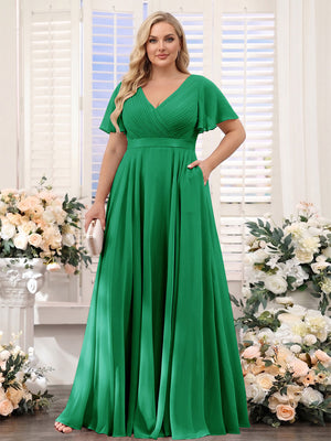 A-Line V-Neck Short Sleeves Chiffon Plus Size Bridesmaid Dresses with Pockets