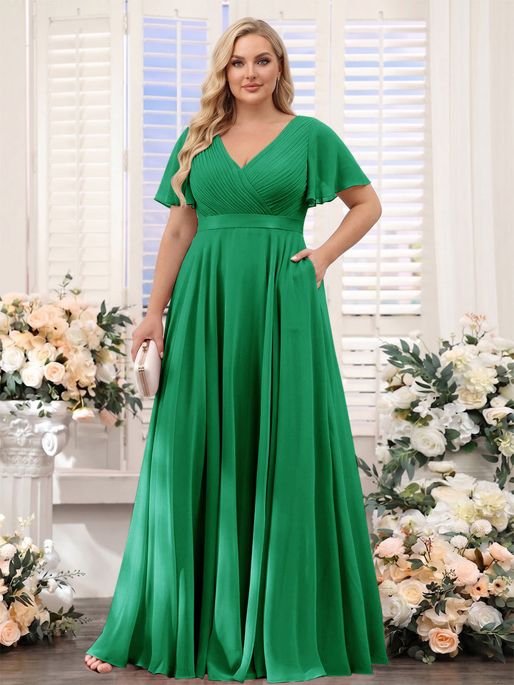A-Line V-Neck Short Sleeves Chiffon Plus Size Bridesmaid Dresses with Pockets
