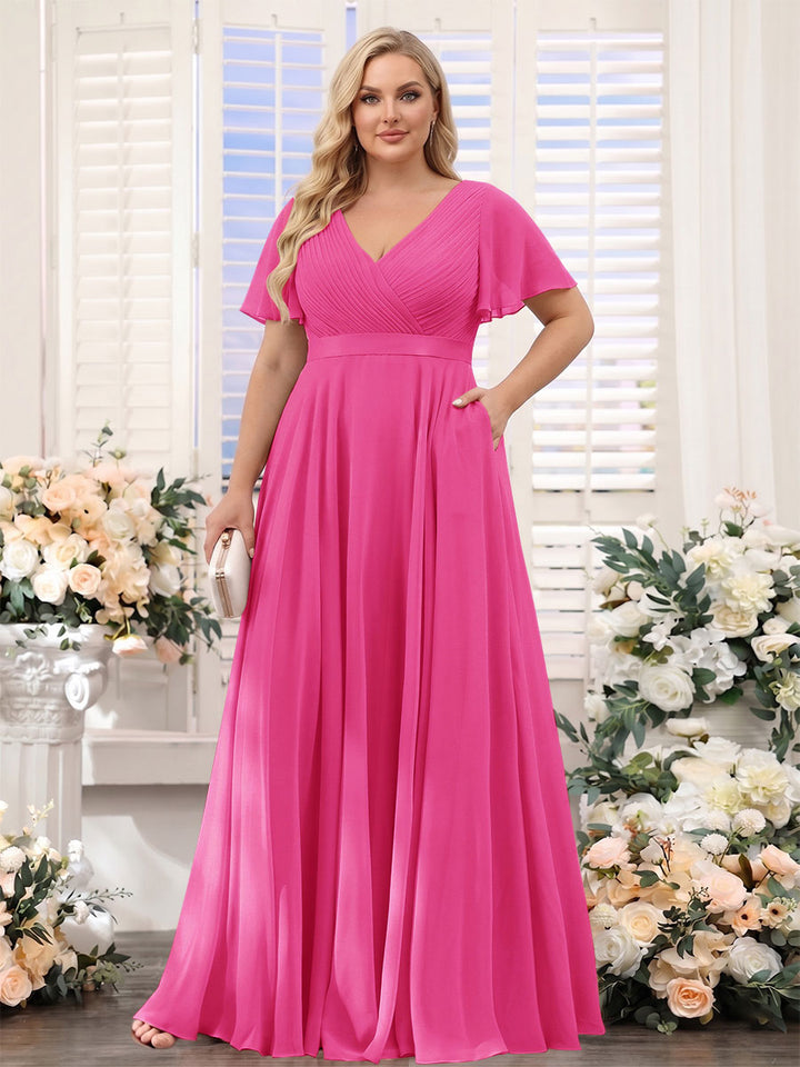 A-Line V-Neck Short Sleeves Chiffon Plus Size Bridesmaid Dresses with Pockets