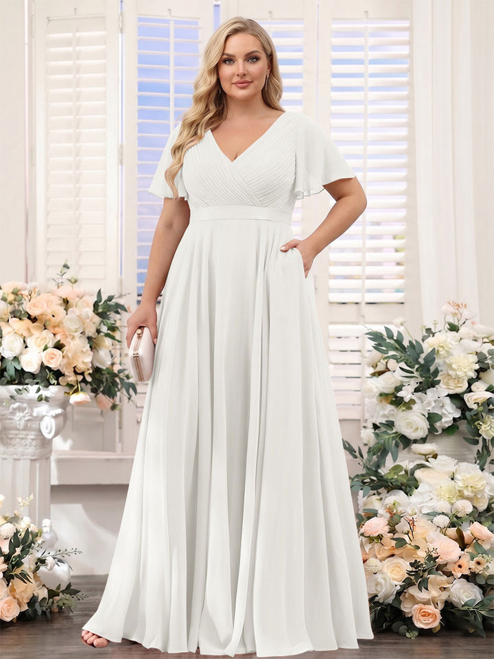 A-Line V-Neck Short Sleeves Chiffon Plus Size Bridesmaid Dresses with Pockets