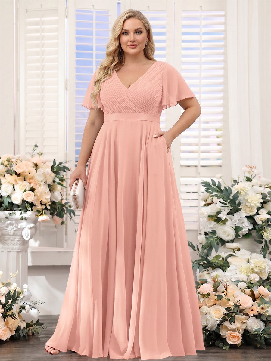 A-Line V-Neck Short Sleeves Chiffon Plus Size Bridesmaid Dresses with Pockets