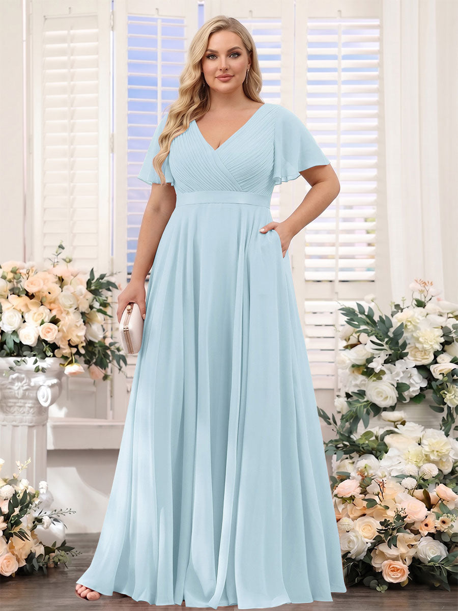 A-Line V-Neck Short Sleeves Chiffon Plus Size Bridesmaid Dresses with Pockets
