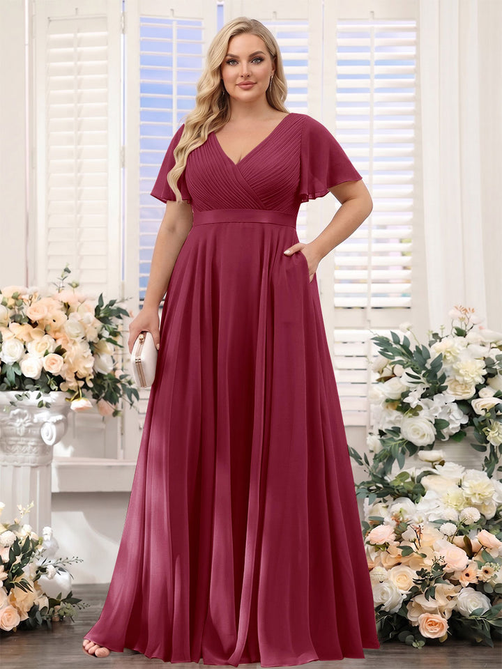 A-Line V-Neck Short Sleeves Chiffon Plus Size Bridesmaid Dresses with Pockets