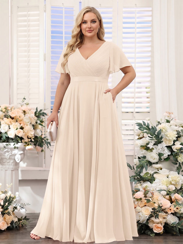 A-Line V-Neck Short Sleeves Chiffon Plus Size Bridesmaid Dresses with Pockets