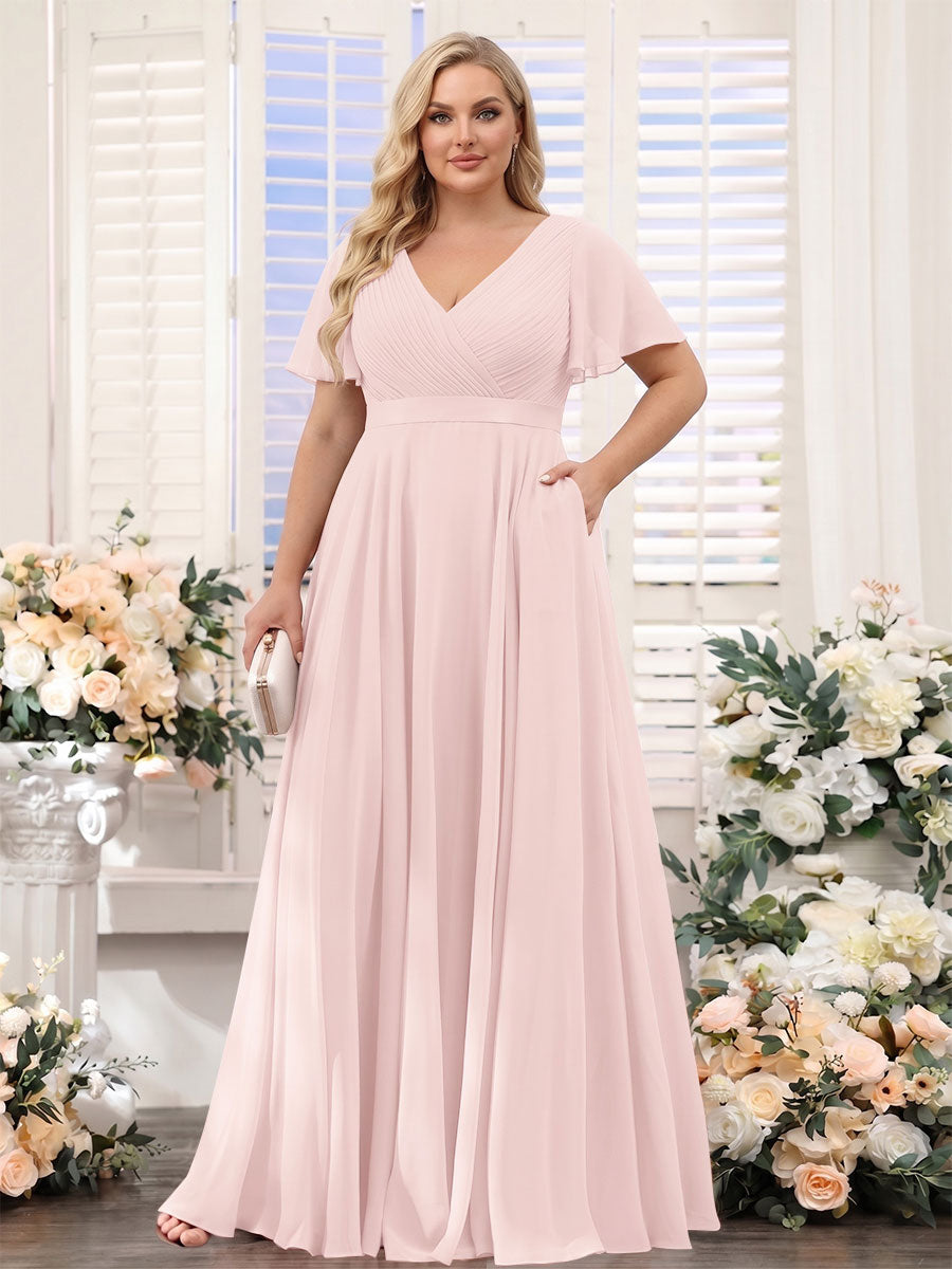 A-Line V-Neck Short Sleeves Chiffon Plus Size Bridesmaid Dresses with Pockets