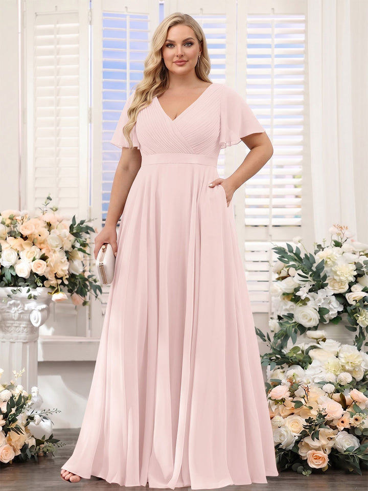 A-Line V-Neck Short Sleeves Chiffon Plus Size Bridesmaid Dresses with Pockets