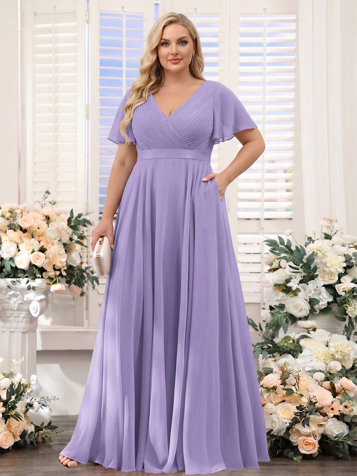 A-Line V-Neck Short Sleeves Chiffon Plus Size Bridesmaid Dresses with Pockets