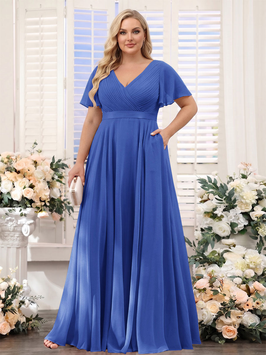A-Line V-Neck Short Sleeves Chiffon Plus Size Bridesmaid Dresses with Pockets