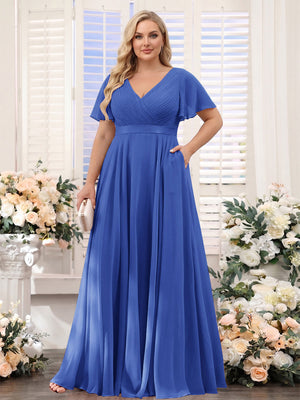 A-Line V-Neck Short Sleeves Chiffon Plus Size Bridesmaid Dresses with Pockets
